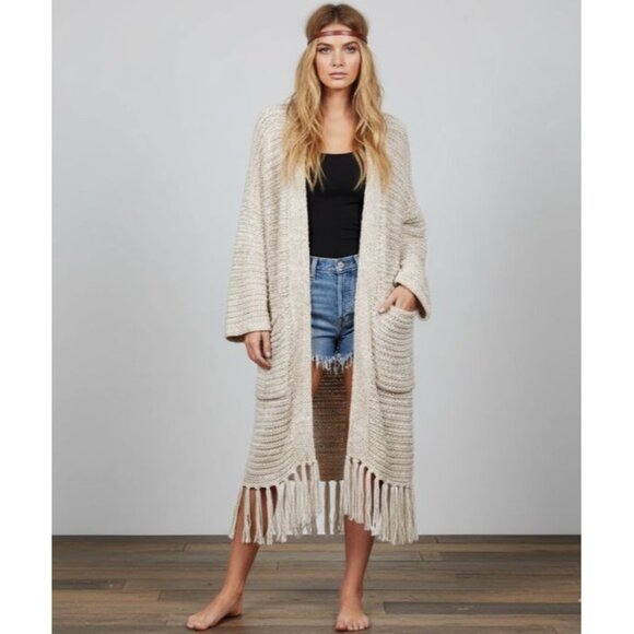 Abercrombie & Fitch Boho Whimsy Festival Loose Knit Fringe Cardigan Beige S/M - Picture 4 of 11
